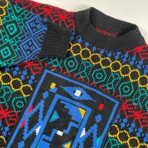 Mens Geometric Pattern Knit Sweater Black Multi Color Mock‎ Neck Long Sleeve